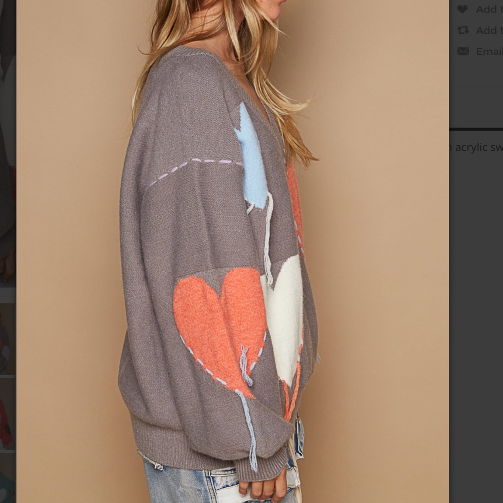 POL top Taupe V-Neck Sweater with Orange, Cream, and Light Blue Hearts POL NEW - Picture 4 of 9